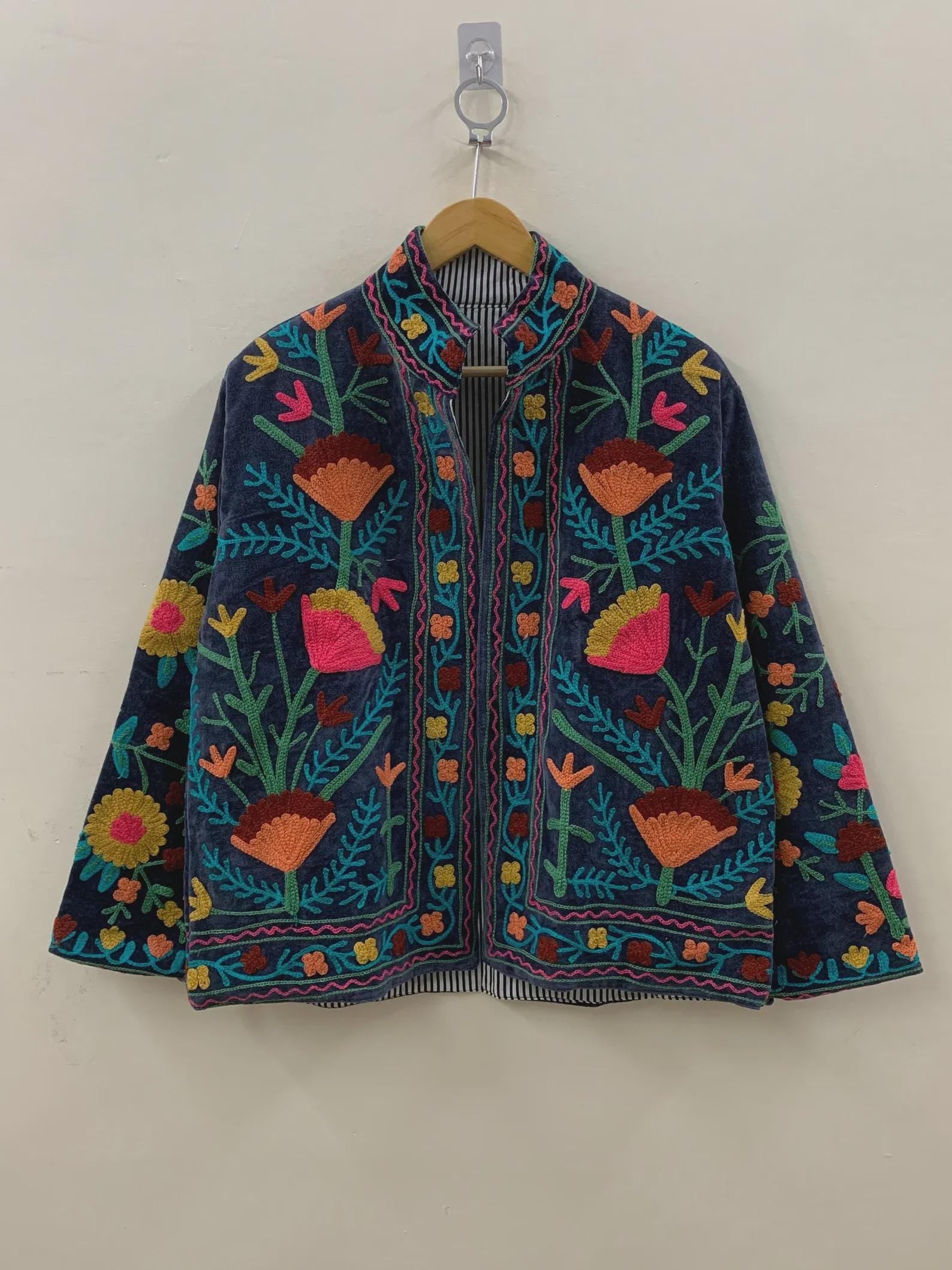 Suzani Embroidered Velvet Jacket | Short Bohemian Festival Coat, Ethnic Outerwear Bohozani
