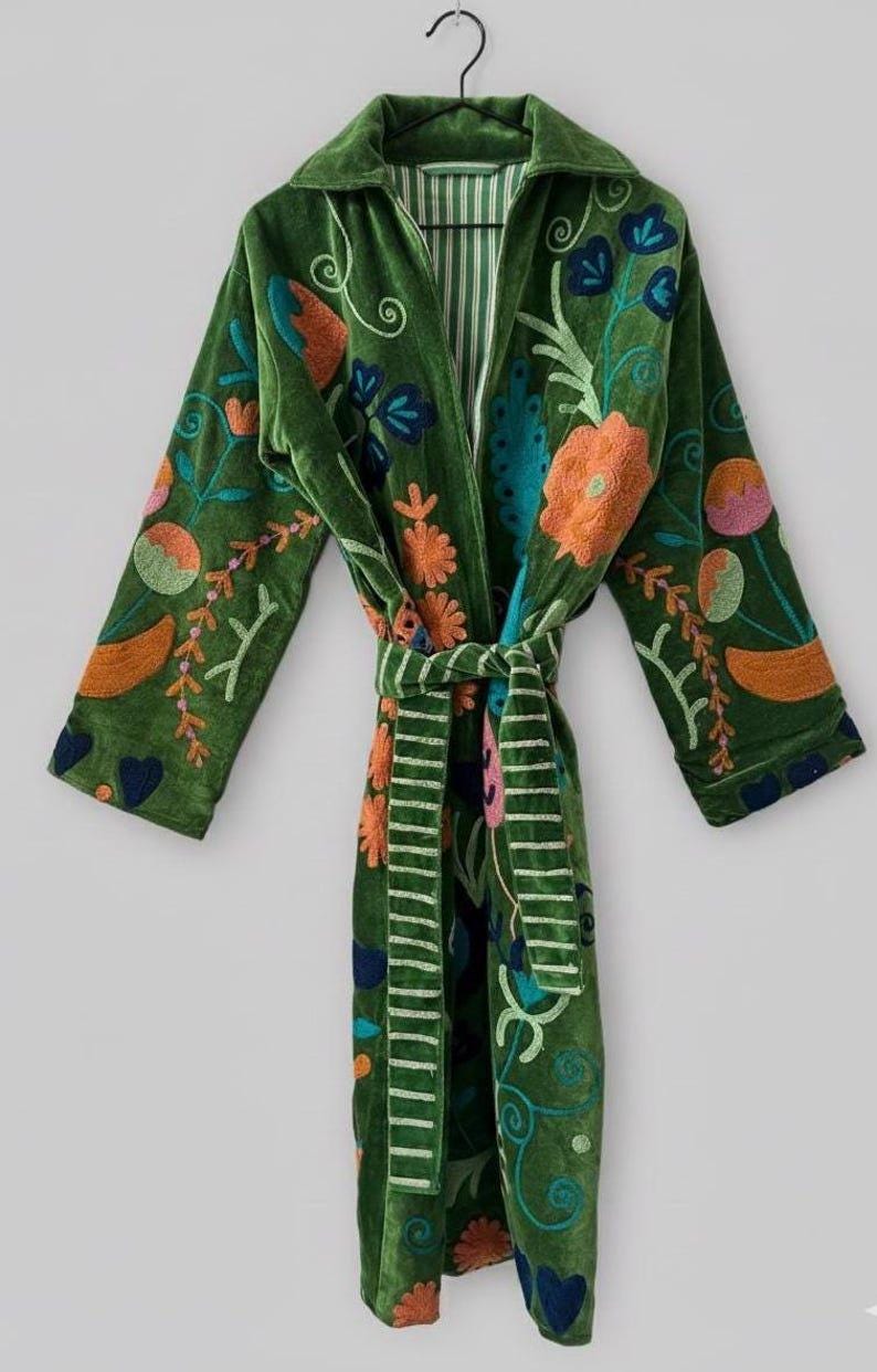 Hand-Embroidered Velvet Suzani Kimono Robe | Purple Floral Boho Duster Jacket Bohozani