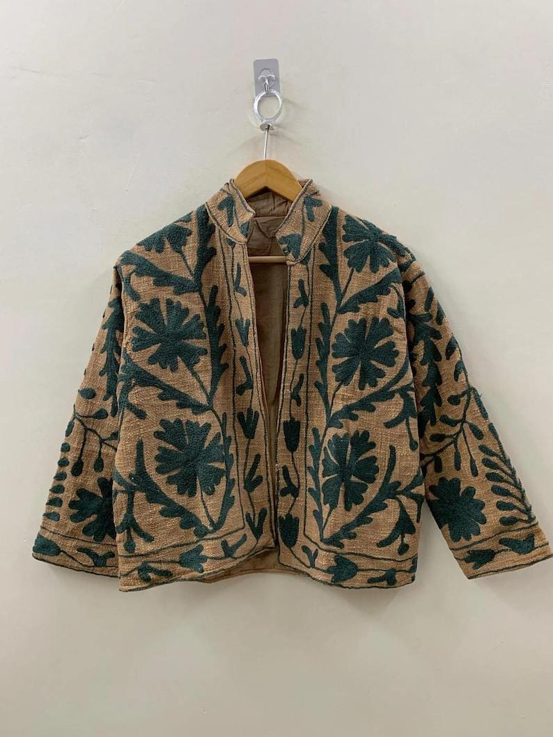 Embroidered Cotton Velvet Suzani Jacket, Bohemian Floral Folk Art Coat Bohozani