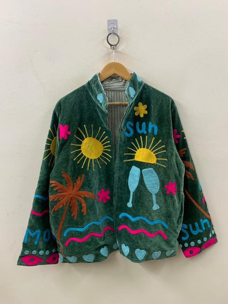 Unique Handmade Sun and Moon Velvet Suzani Embroidered Jacket Bohozani