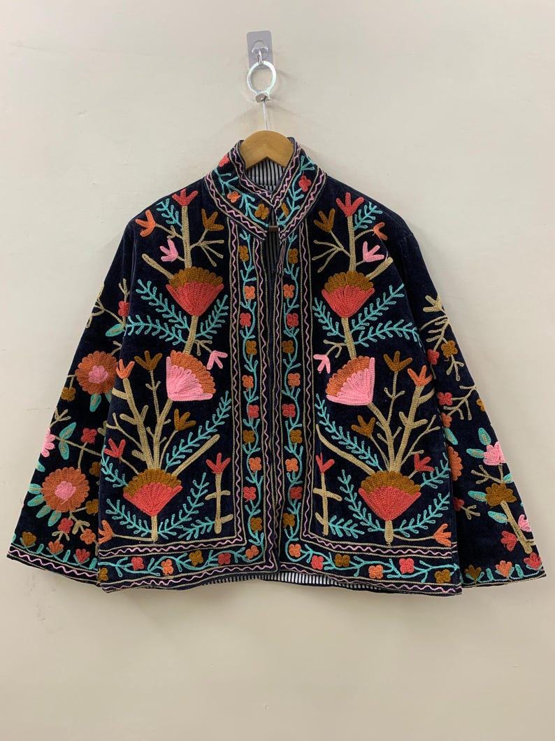 Antique Black Color Velvet Suzani Jacket – Hand-Embroidered Boho Ethnic Kimono Outerwear Bohozani
