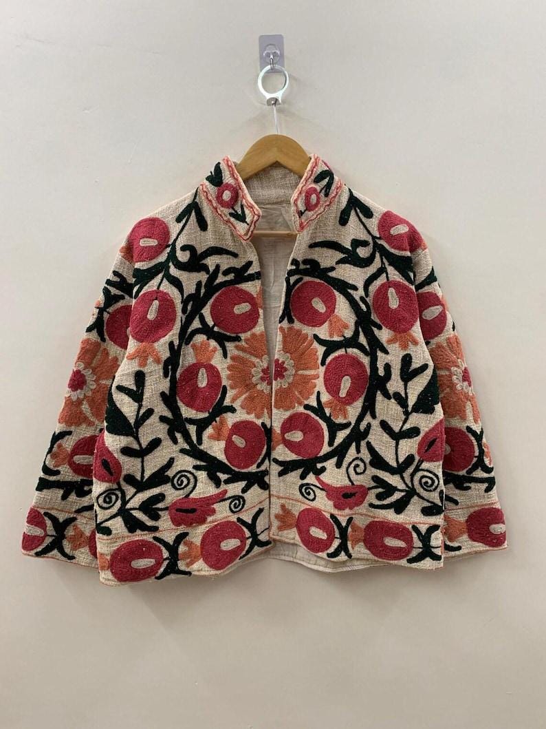 Bohemian Suzani Embroidered Cotton Jacket, Floral Overcoat Bohozani