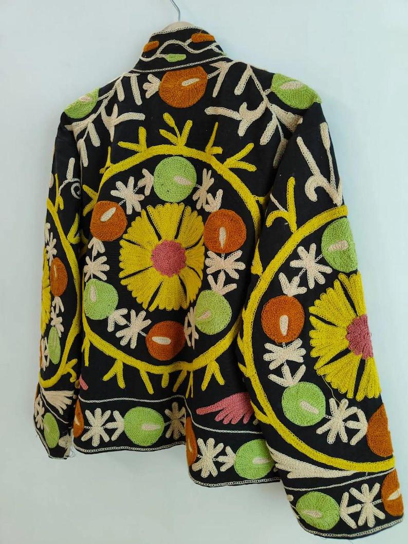 Black Suzani Velvet Jacket, Vintage Boho Floral Embroidered Coat, Ethnic Chic Outerwear Bohozani
