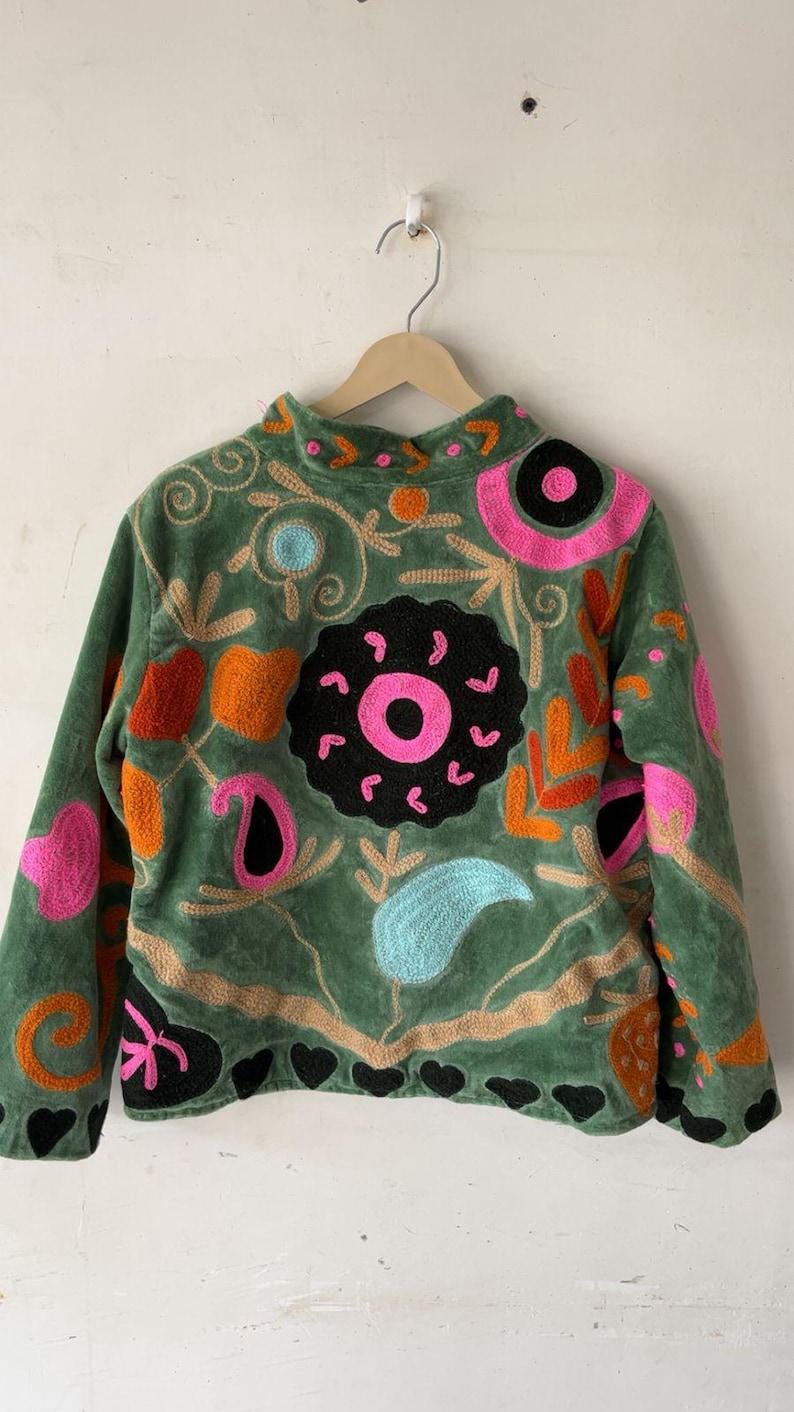 Green Velvet Suzani Embroidered Jacket | Boho Floral Cropped Coat Bohozani