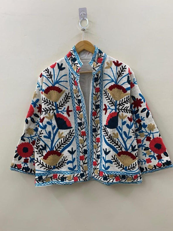 Bohemian Embroidered Cotton Jacket, Floral Folk Art Suzani Coat Bohozani