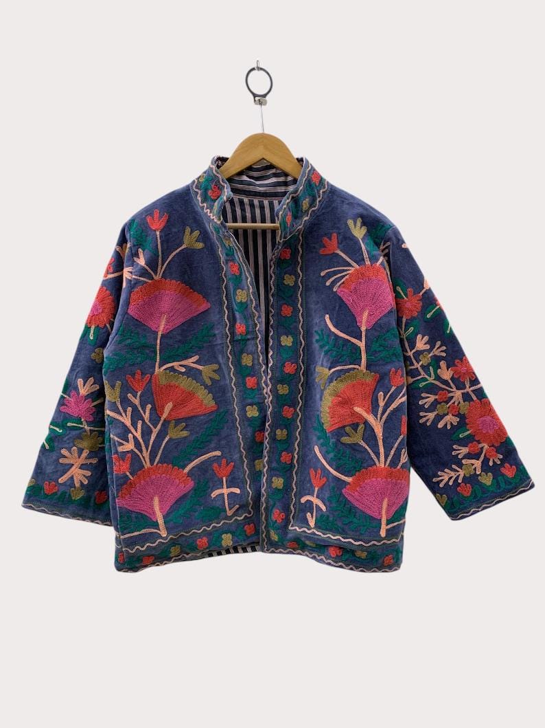 Velvet Suzani Jacket – Hand-Embroidered Boho Ethnic Kimono Outerwear Bohozani