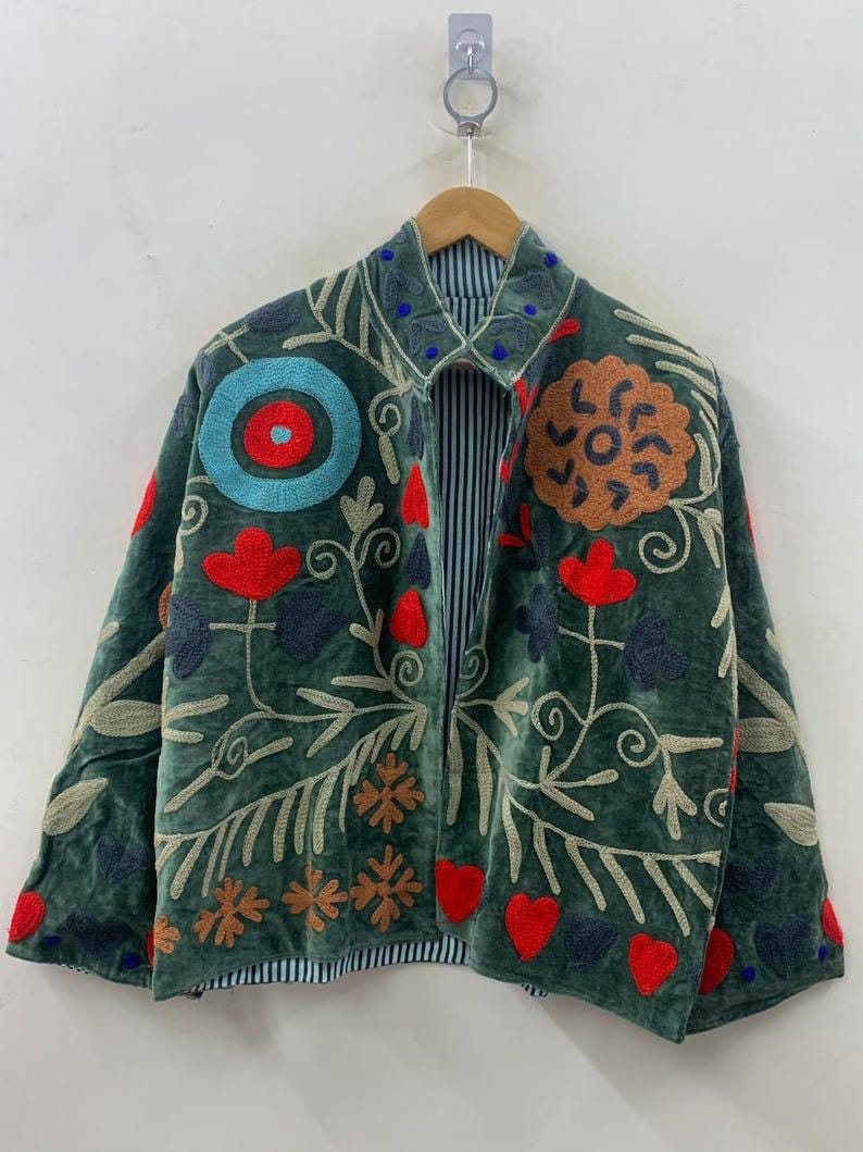 Unique Handmade Floral Velvet Suzani Embroidered Jacket Bohozani