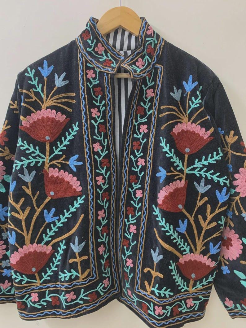 Bohemian Suzani Embroidered Velvet Jacket | Short Floral Ethnic Kimono Coat Bohozani