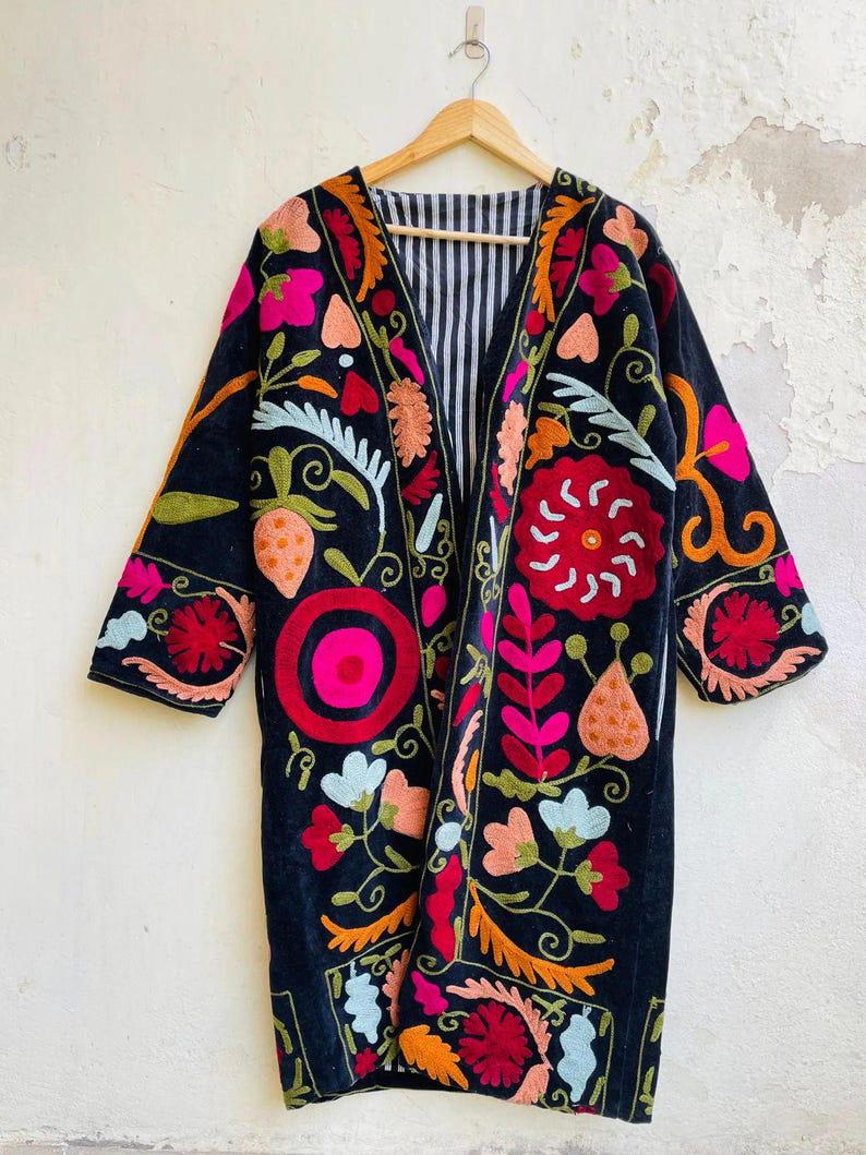 Handmade Floral Suzani Embroidered Velvet Jacket | Boho Kimono Robe Bohozani
