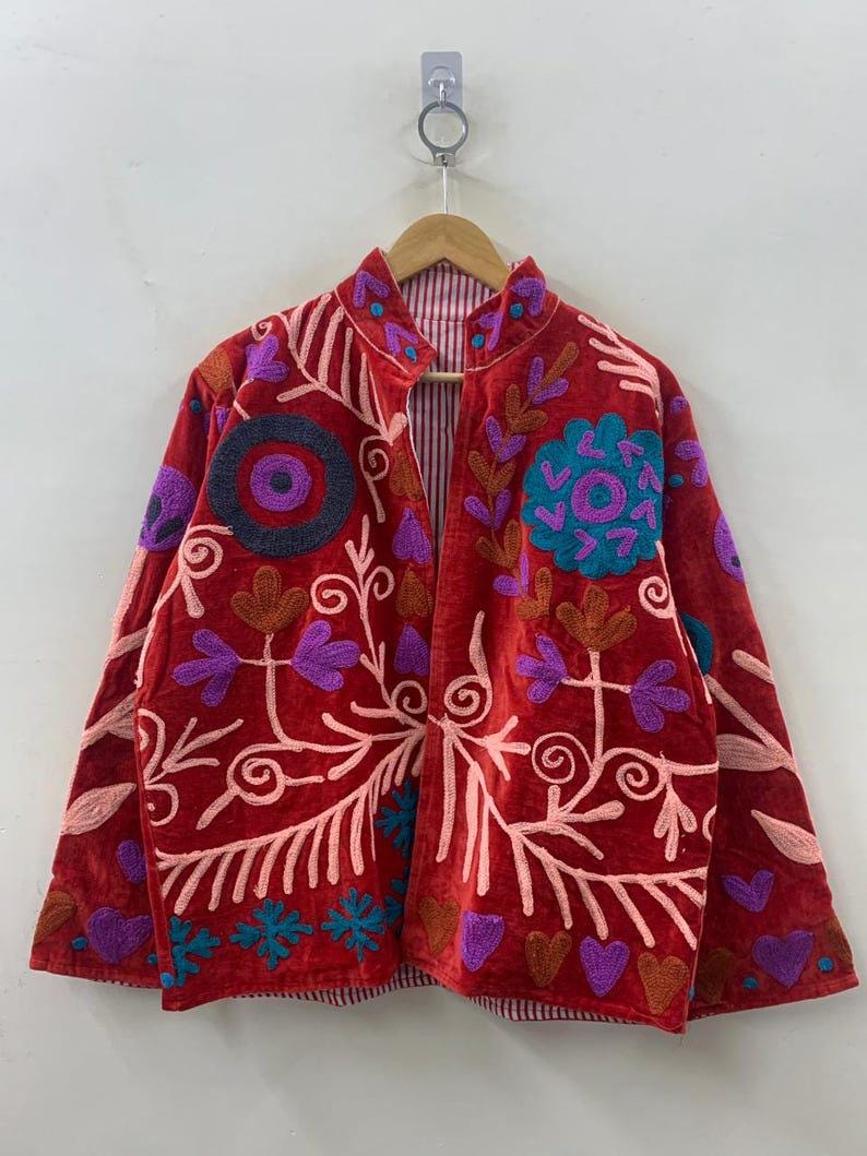 Unique Handmade Floral Red Velvet Suzani Embroidered Jacket Bohozani