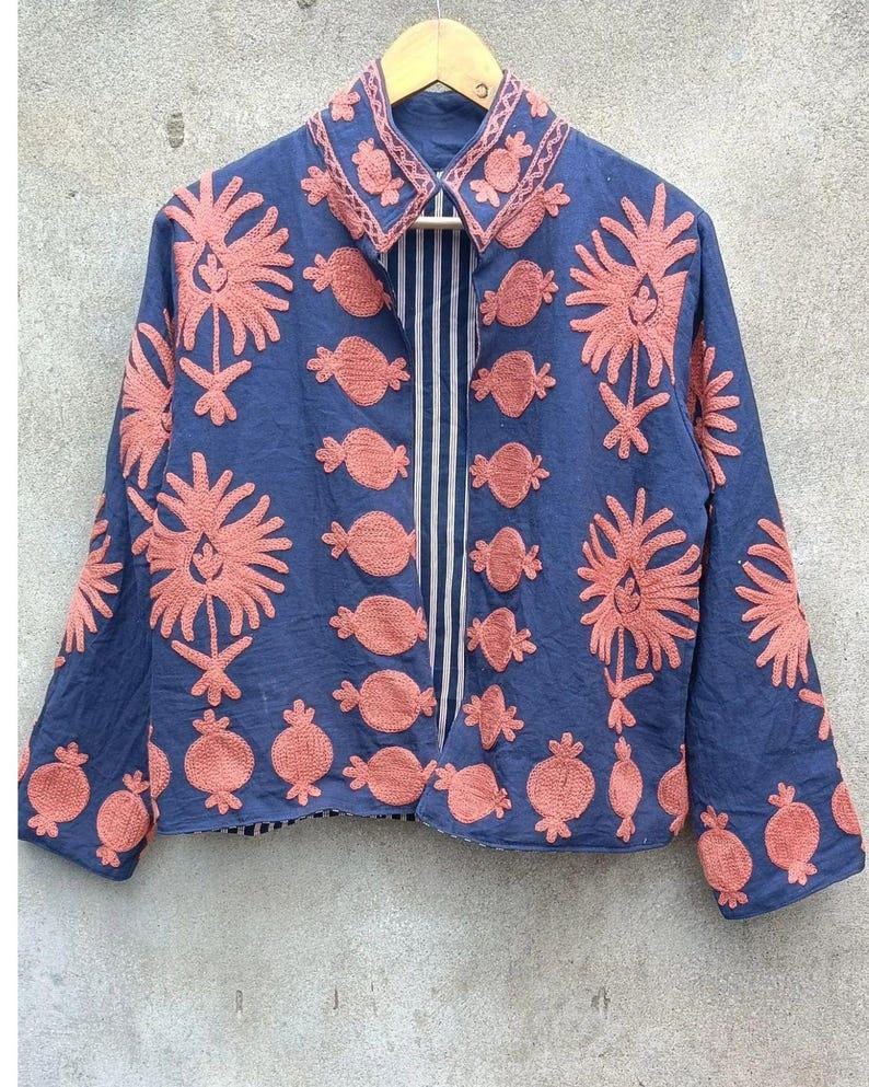 Handmade Blue Velvet Suzani Embroidered Jacket | Uzbek Kimono Bohozani