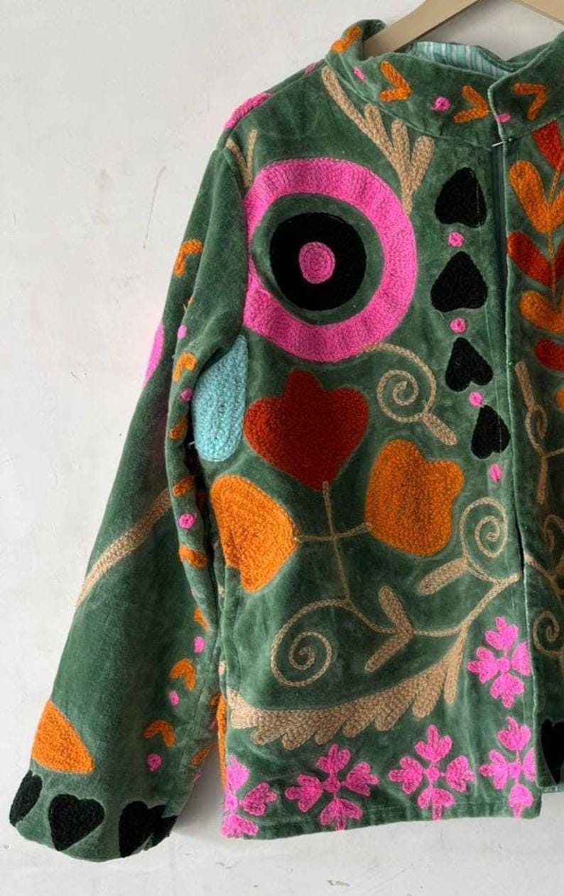Green Velvet Suzani Embroidered Jacket | Boho Floral Cropped Coat Bohozani