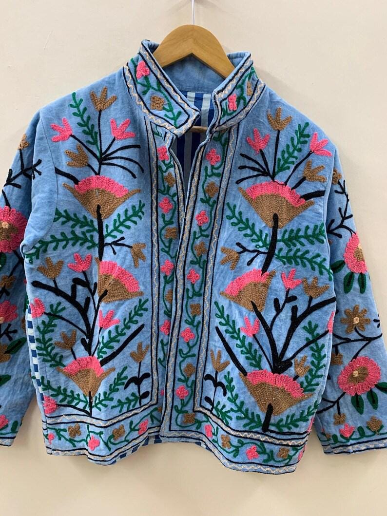 Blue Color Velvet Suzani Jacket – Hand-Embroidered Boho Ethnic Kimono Outerwear Bohozani