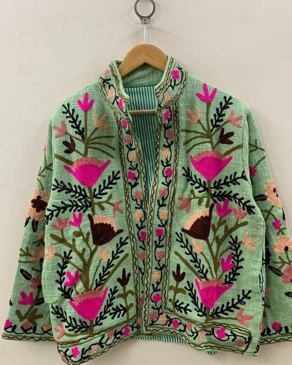 Bohemian Suzani Embroidered Cotton Jacket, Floral Overcoat Bohozani