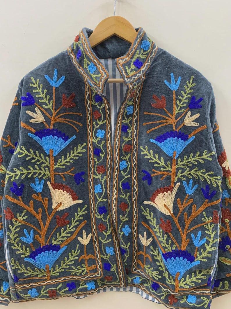 Grey Floral Velvet Suzani Jacket – Hand-Embroidered Boho Ethnic Kimono Outerwear Bohozani