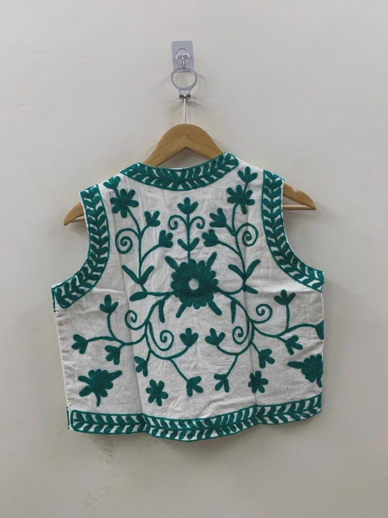 White Cotton Suzani Embroidered Vest | Bohemian Festival Jacket | Handmade Indian Waistcoat Bohozani