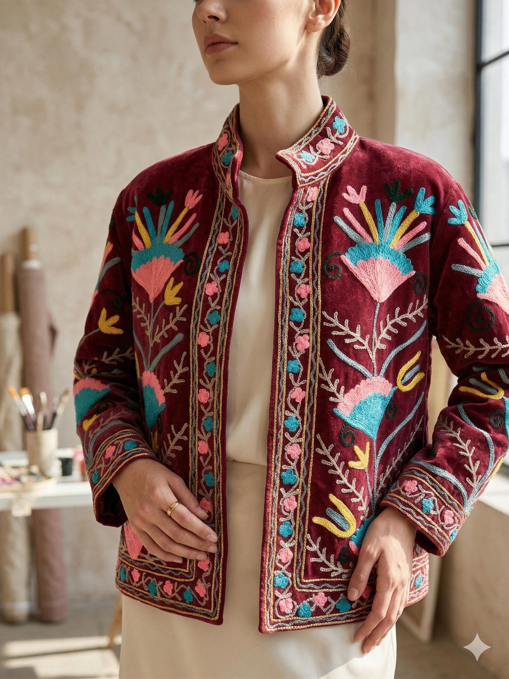 Handmade Wine Velvet Suzani Embroidered Jacket Bohozani