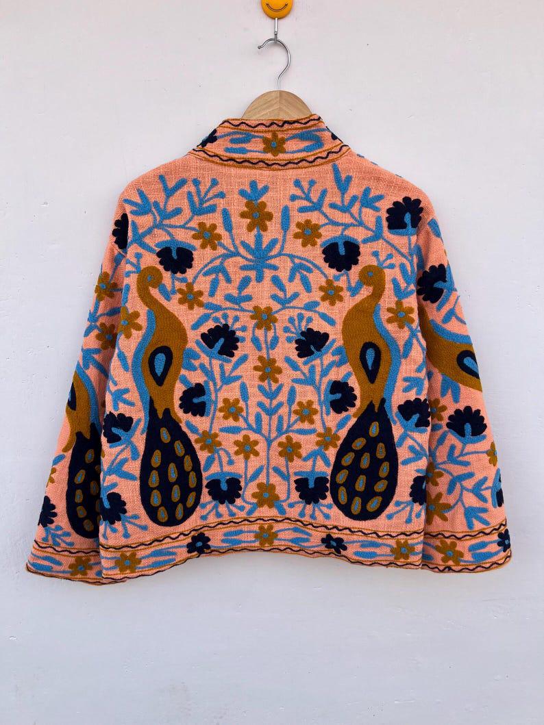 Peacock Embroidered Suzani Short Jacket | Vibrant Boho Duster | Gift For Her Bohozani