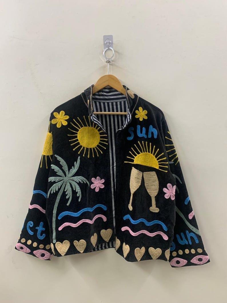 NEW COLLECTION Black Hand-Embroidered Velvet Suzani Jacket – Boho Ethnic Kimono Outerwear Mother's Day Gift Bohozani