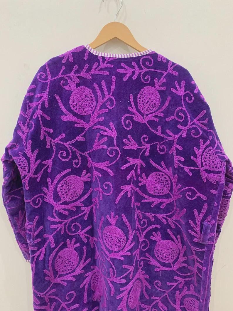 Hand-Embroidered Velvet Suzani Kimono Robe | Boho Floral Uzbek Duster Jacket Bohozani