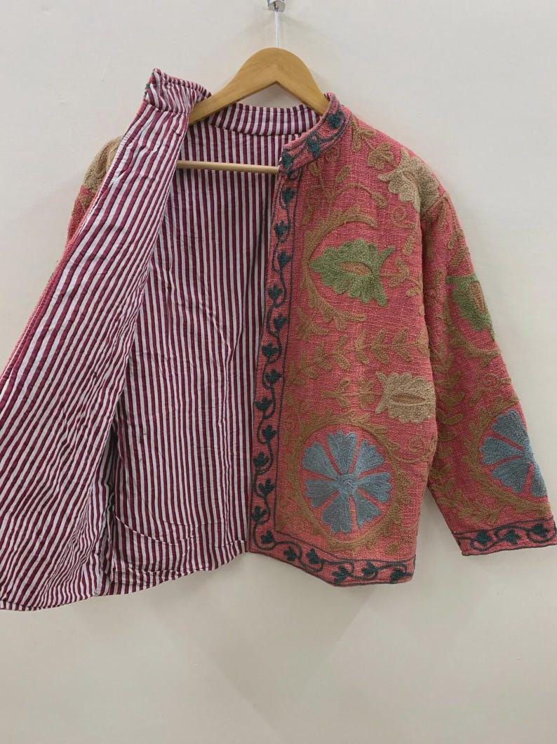 Vintage Cotton Suzani Embroidered Jacket | Floral Boho Statement Outerwear Bohozani