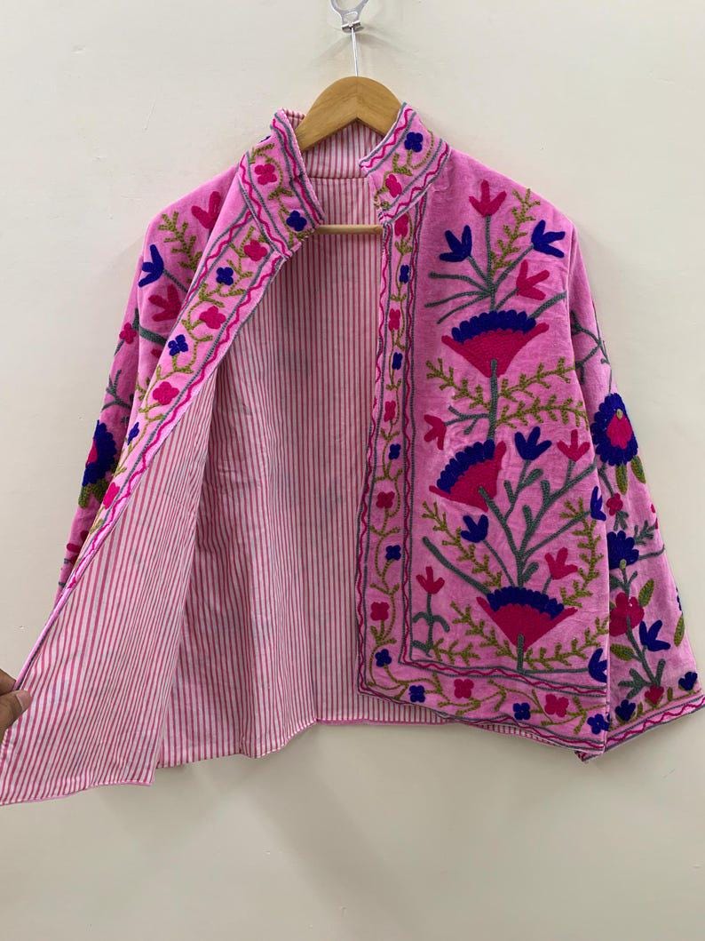 Unique Handmade Floral Pink Velvet Suzani Embroidered Jacket Bohozani