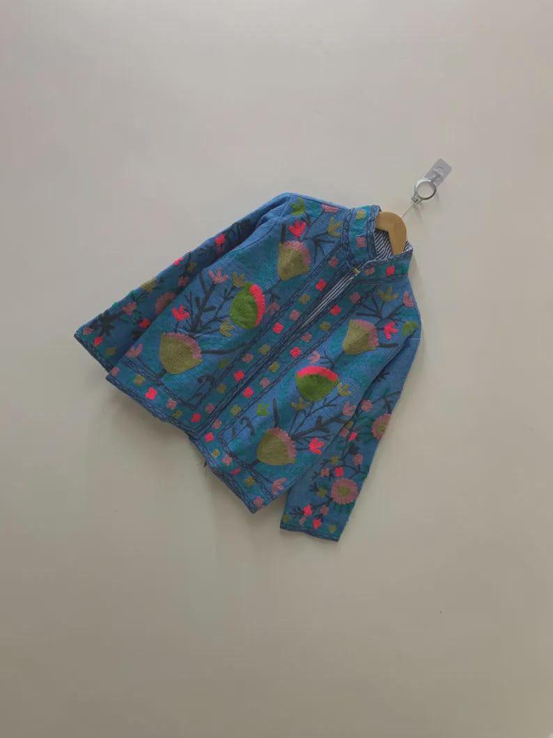 Embroidered Cotton Velvet Suzani Jacket, Bohemian Floral Folk Art Coat Bohozani