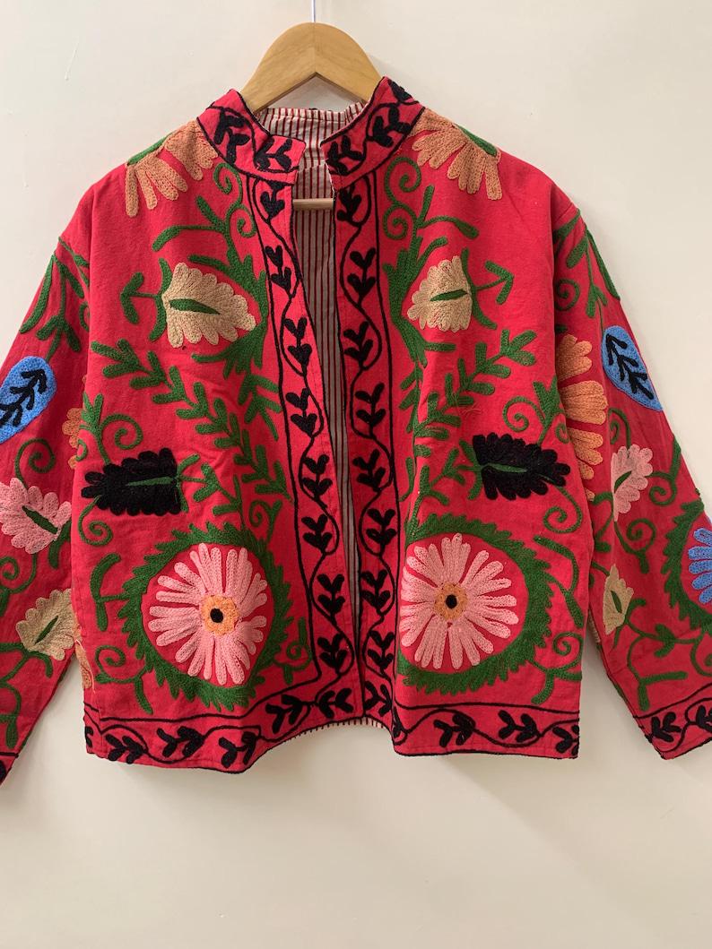 Red Suzani Embroidered Velvet Jacket – Boho Floral Kimono Coat Bohozani