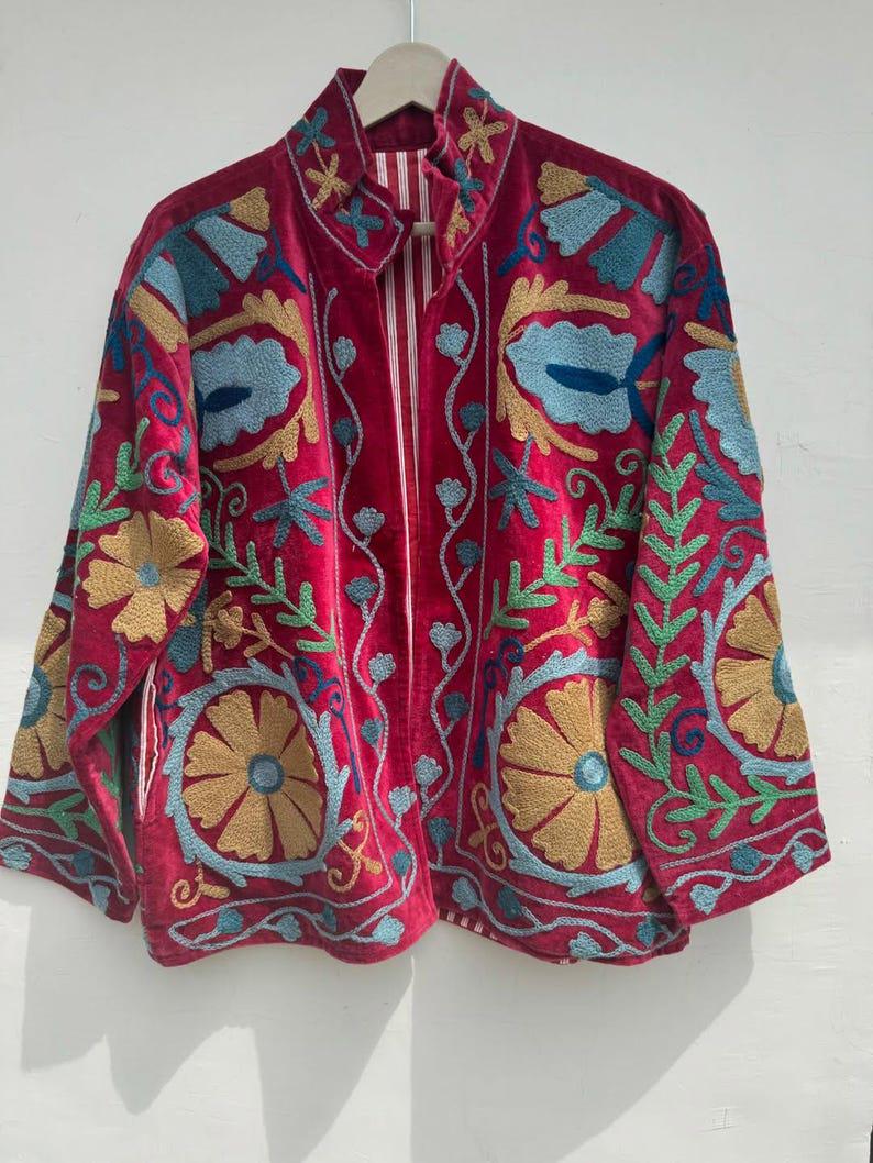 Handmade Suzani Velvet Jacket, Embroidered Floral Coat Bohozani