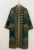 Green Velvet Suzani Kimono Jacket | Hand-Embroidered Boho Coat, Uzbek Duster, Belted Kaftan Robe Bohozani