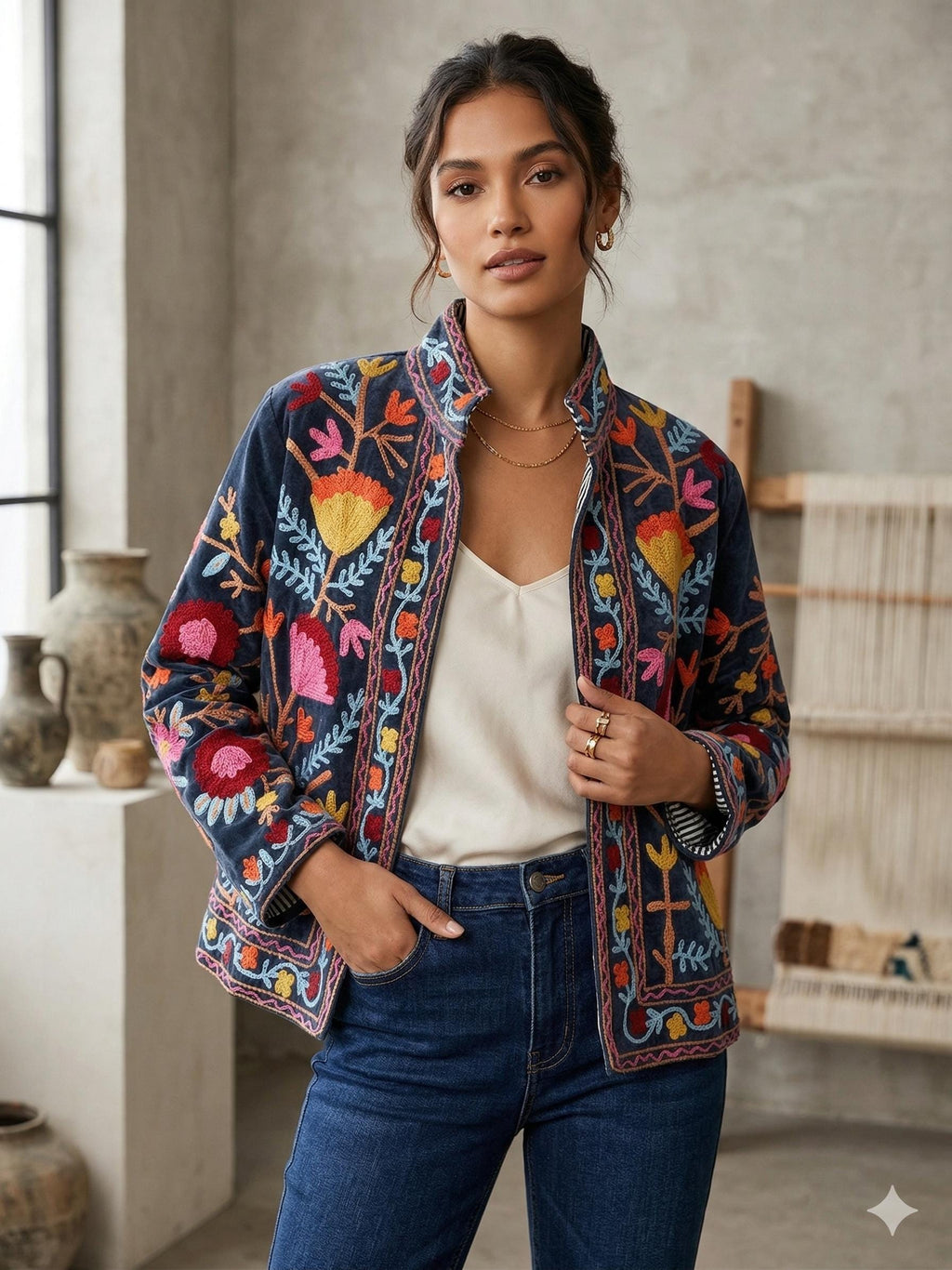 Suzani Embroidered Velvet Jacket | Short Bohemian Festival Coat, Ethnic Outerwear Bohozani