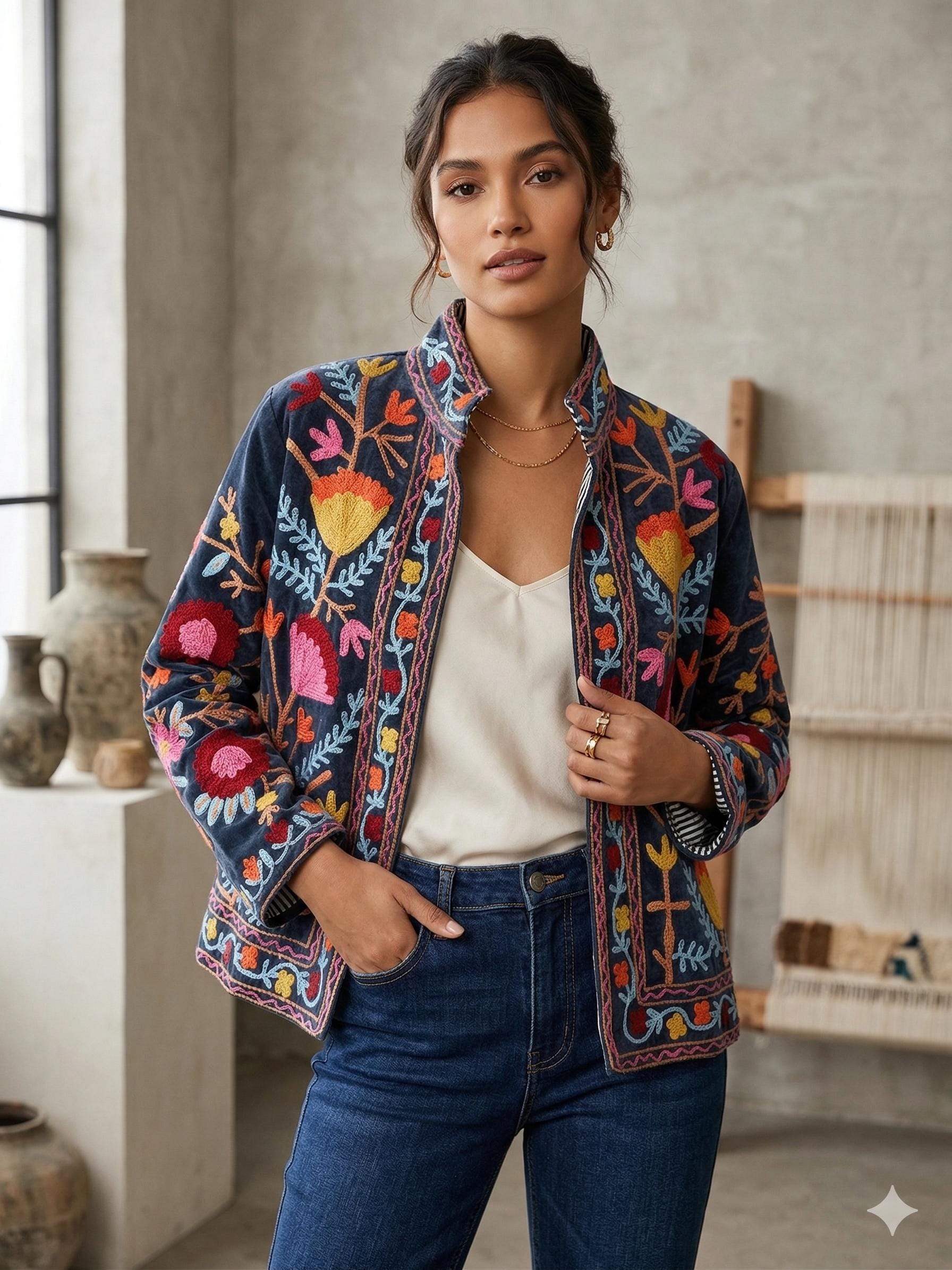 Suzani Embroidered Velvet Jacket | Short Bohemian Festival Coat, Ethnic Outerwear Bohozani