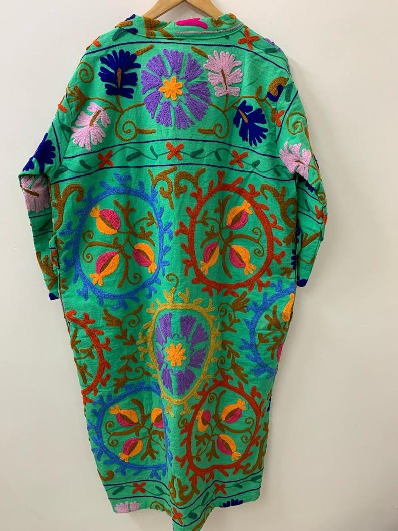 Green Floral Suzani Kimono Jacket | Embroidered Velvet Boho Robe Bohozani