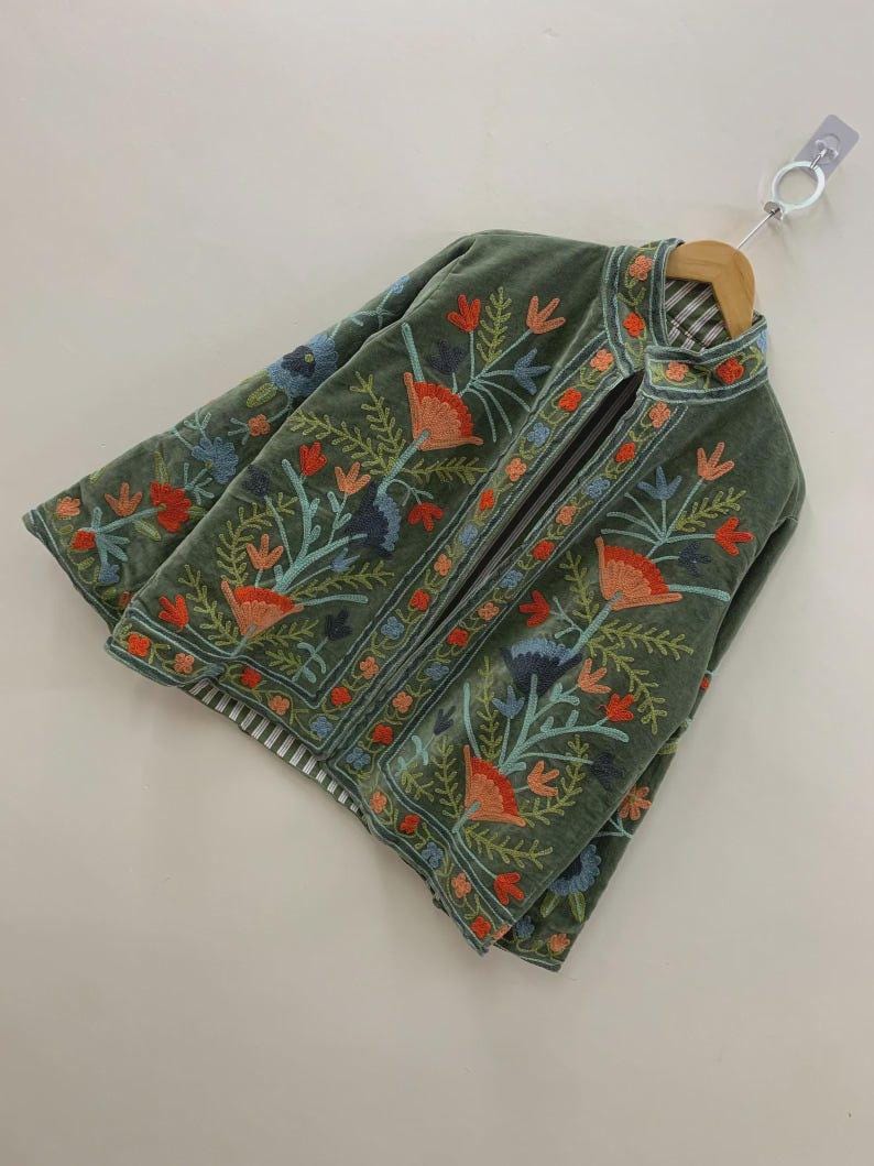 NEW COLLECTION Green Hand-Embroidered Velvet Suzani Jacket – Boho Ethnic Kimono Outerwear Gifr For Mom Bohozani