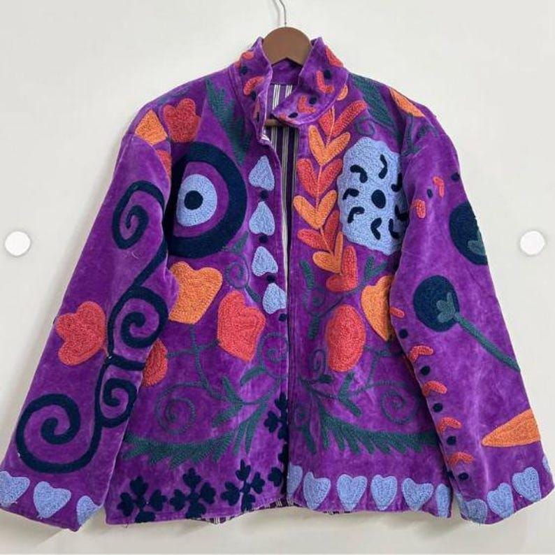 Hand-Embroidered Suzani Velvet Jacket | Boho Floral Duster Bohozani