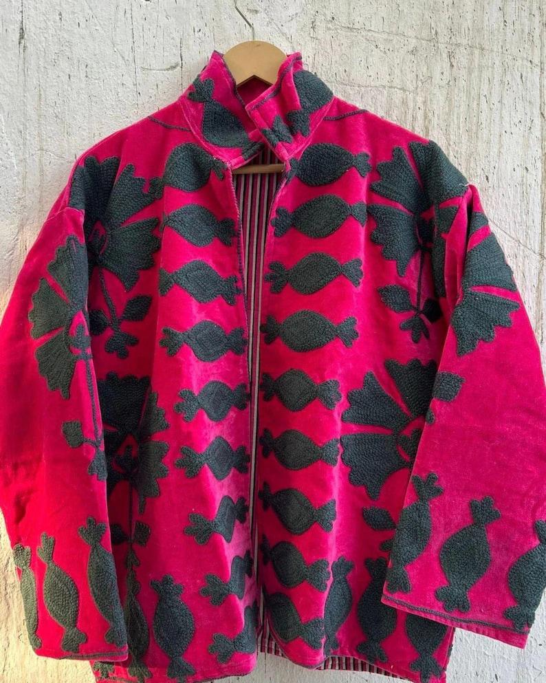 Pink Velvet Suzani Duster Jacket | Embroidered Uzbek Coat Bohozani