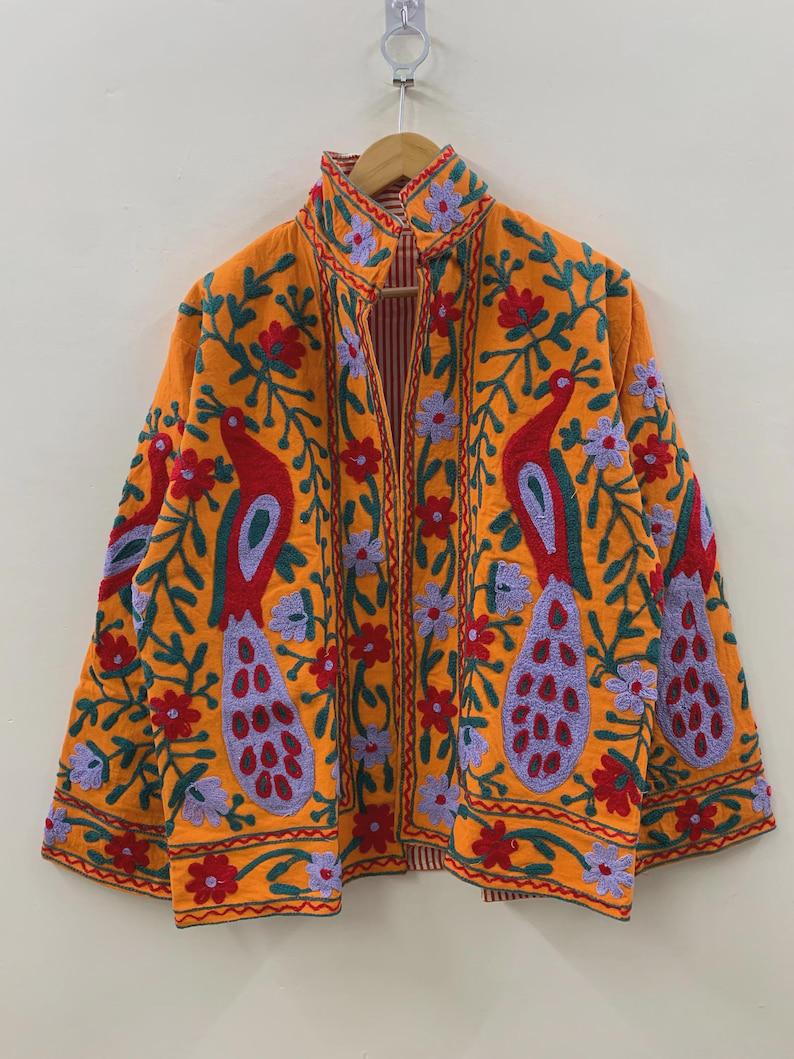 Orange Velvet Suzani Jacket | Hand-Embroidered Peacock Floral, Vintage Uzbek Style Bohozani
