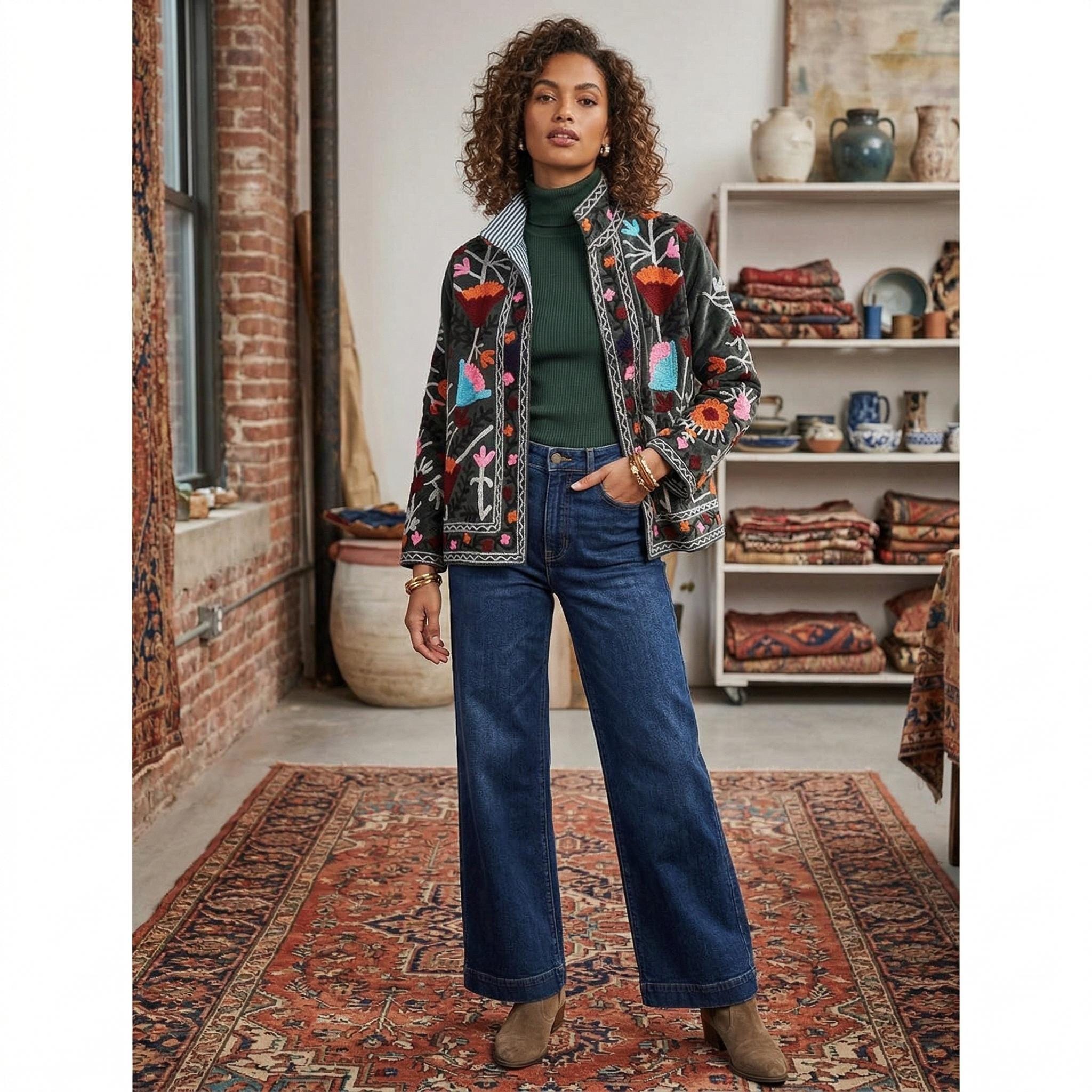 Embroidered Velvet Kimono Jacket | Suzani Floral Boho Outerwear Bohozani