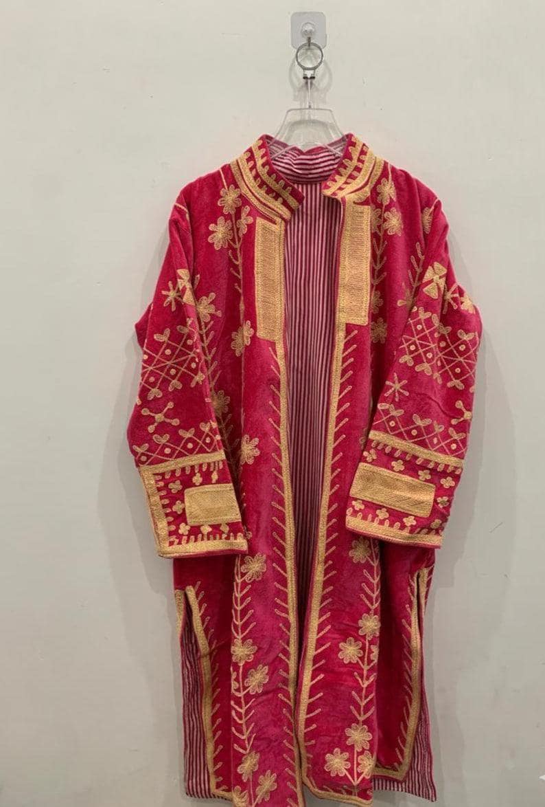 Velvet Suzani Kimono Jacket | Hand-Embroidered Boho Coat, Uzbek Duster, Belted Kaftan Robe Bohozani