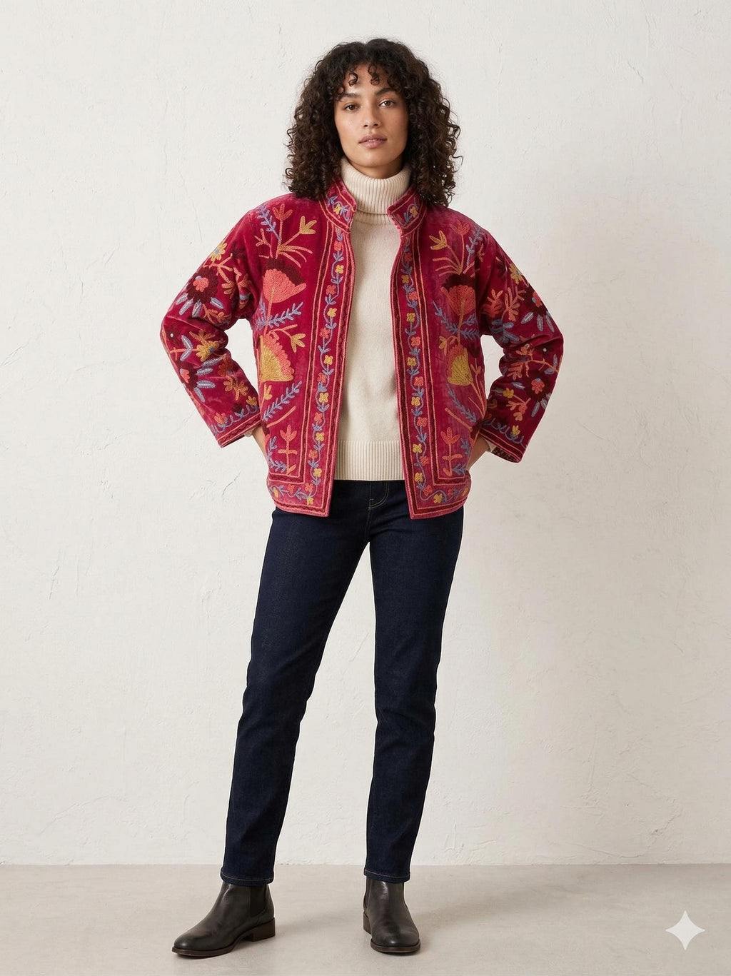 Embroidered Velvet Kimono Jacket | Suzani Floral Boho Outerwear Bohozani