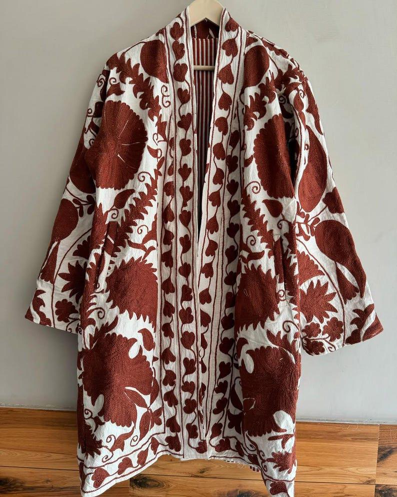 Hand-Embroidered Velvet Suzani Kimono Robe | Boho Ethnic Uzbek Duster Jacket Bohozani