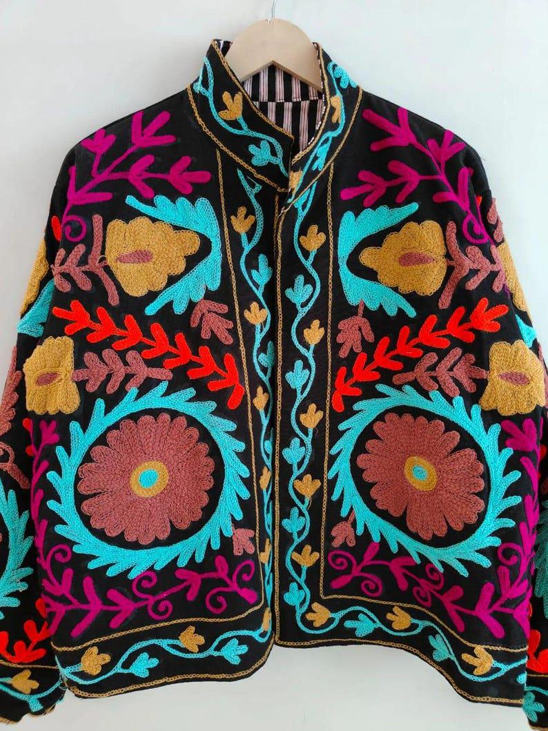 Embroidered Velvet Suzani Jacket | Bohemian Floral Indian Outerwear, Cropped Style Bohozani