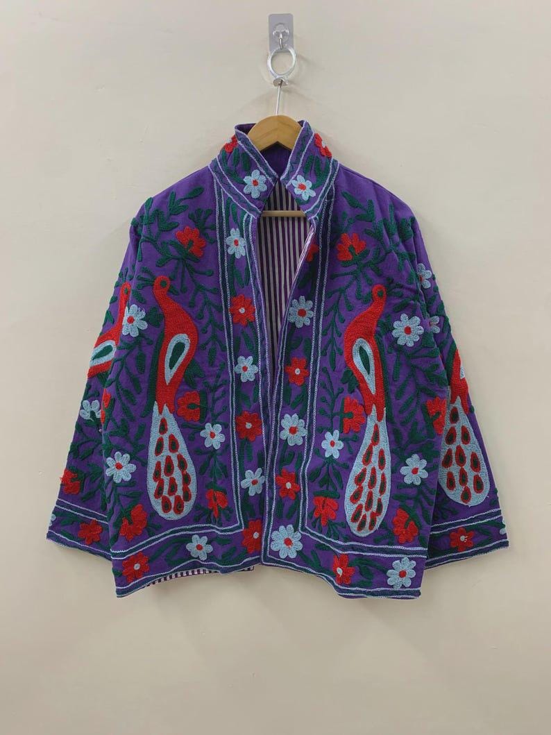 Purple Velvet Suzani Embroidered Jacket | Peacock Floral Coat Bohozani