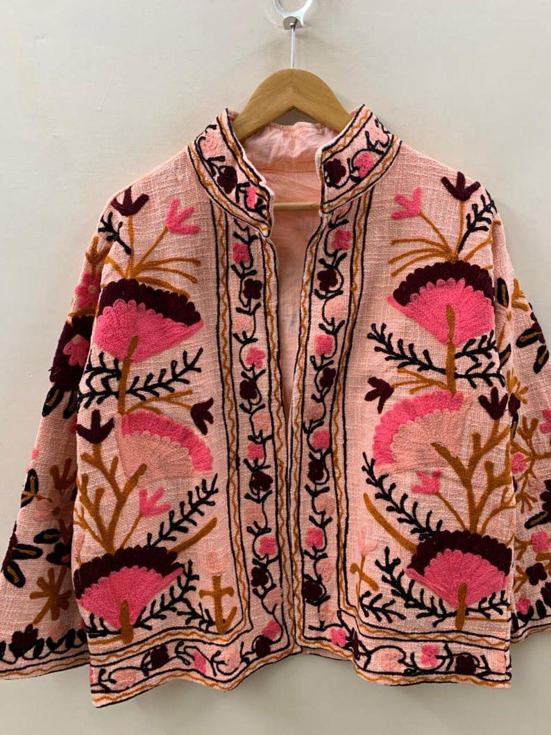Embroidered Cotton Velvet Suzani Jacket, Bohemian Floral Folk Art Coat Bohozani