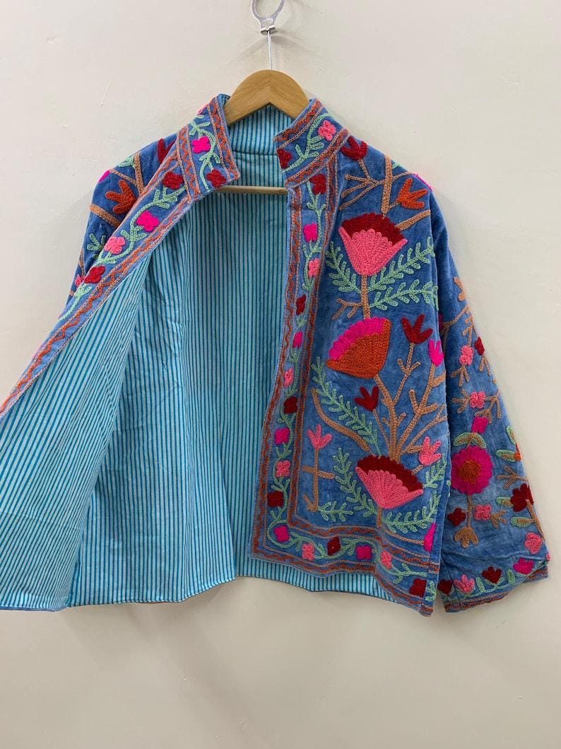 Velvet Suzani Embroidered Jacket | Short Boho Festival Coat, Ethnic Outerwear Bohozani