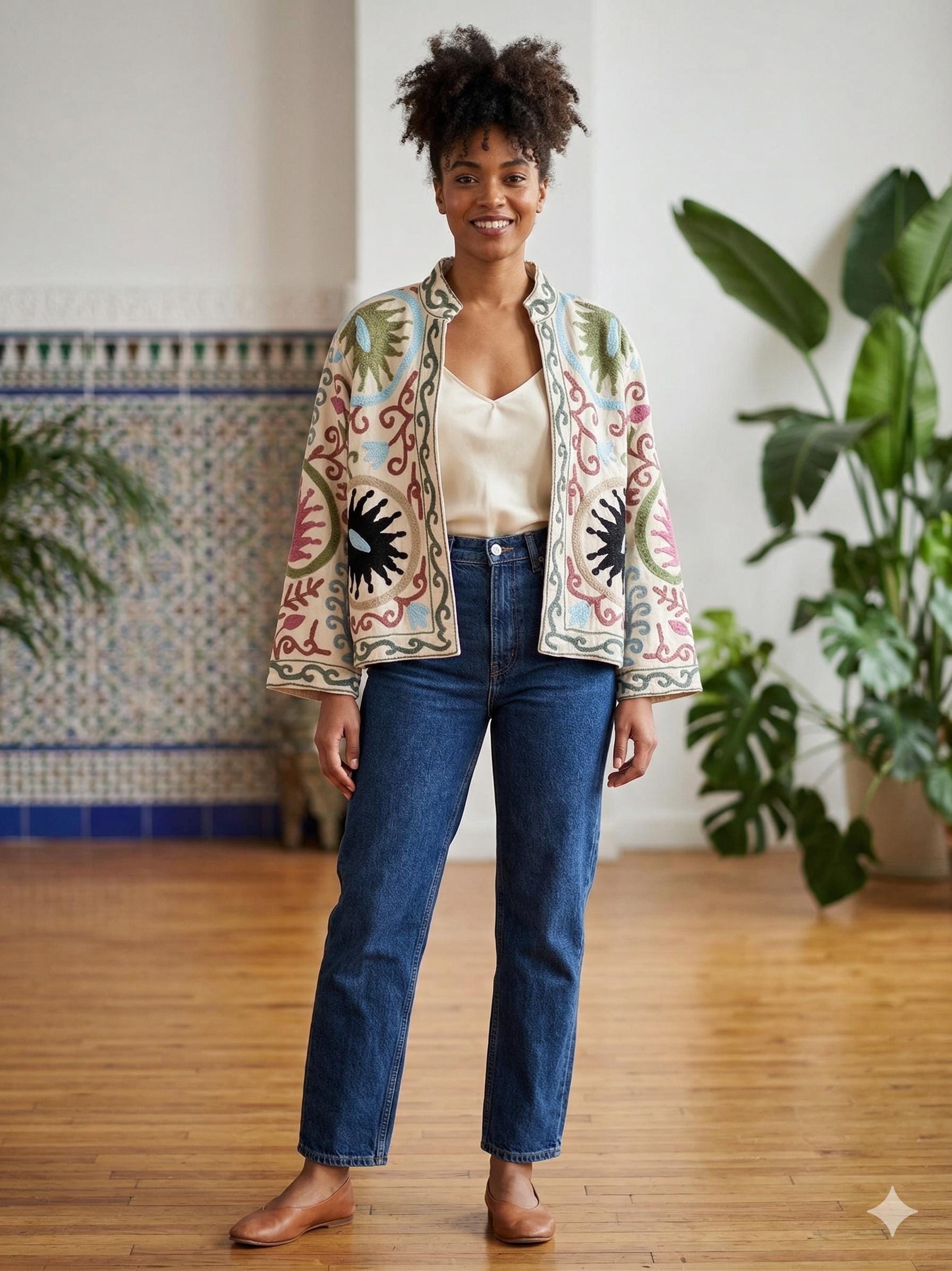 Hand-Embroidered Suzani Velvet Cropped Jacket | Boho Floral Ethnic Outerwear Bohozani