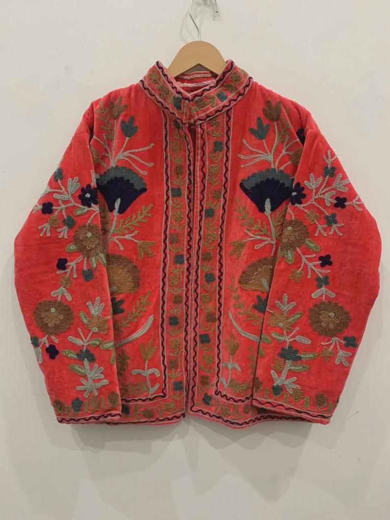 Red Embroidered Velvet Suzani Jacket | Cropped Bohemian Coat |Gift For Her Bohozani