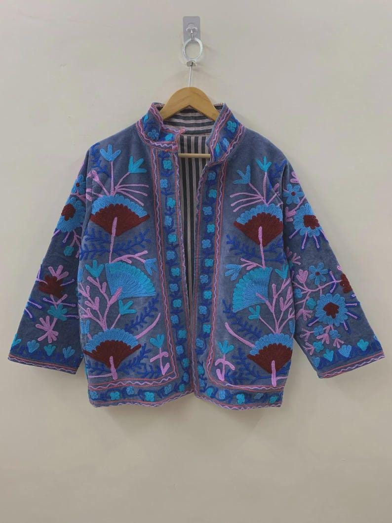 NEW COLLECTION Blue Hand-Embroidered Velvet Suzani Jacket – Boho Ethnic Kimono Outerwear Mother's Day Gift Bohozani