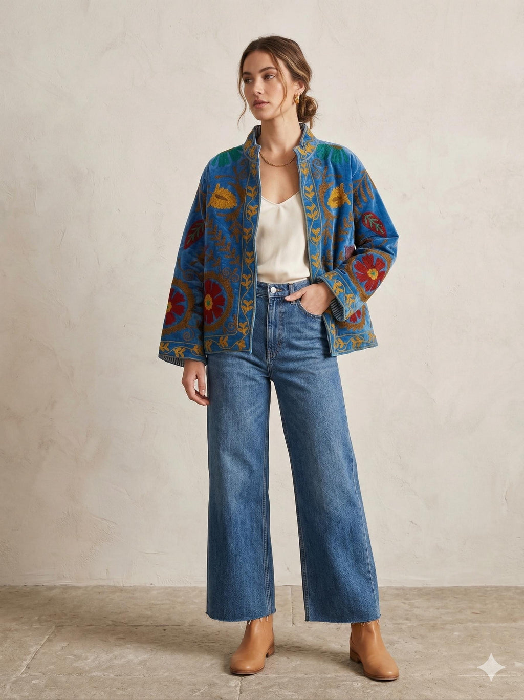 Velvet Blue Suzani Jacket – Hand-Embroidered Boho Ethnic Kimono Outerwear Bohozani