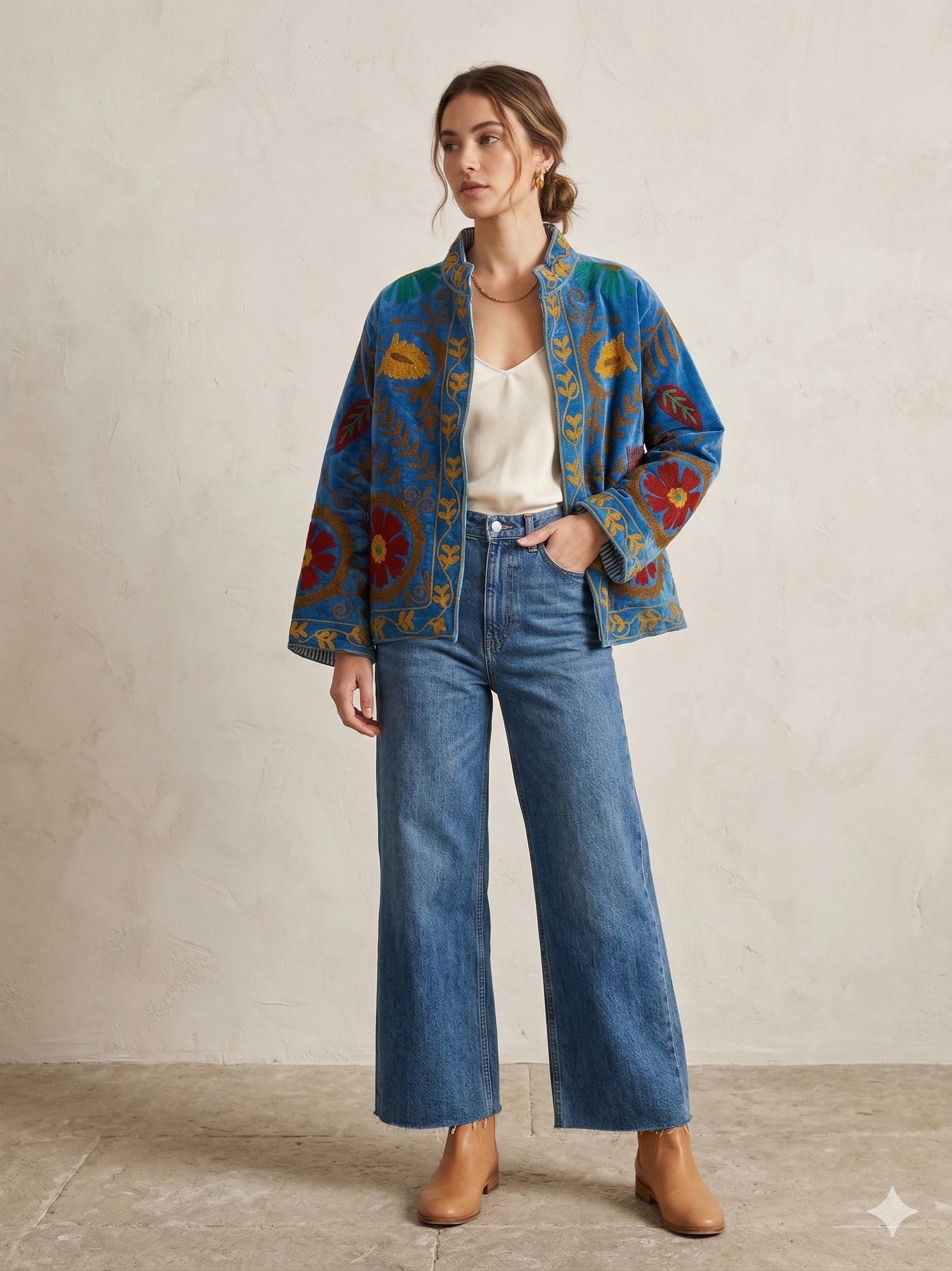 Velvet Blue Suzani Jacket – Hand-Embroidered Boho Ethnic Kimono Outerwear Bohozani